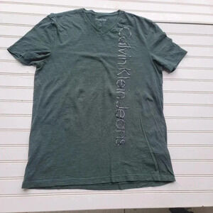 Calvin Klein Jeans Shirt Mens V Neck Green Spell out Short Sleeve Cotton Sz m